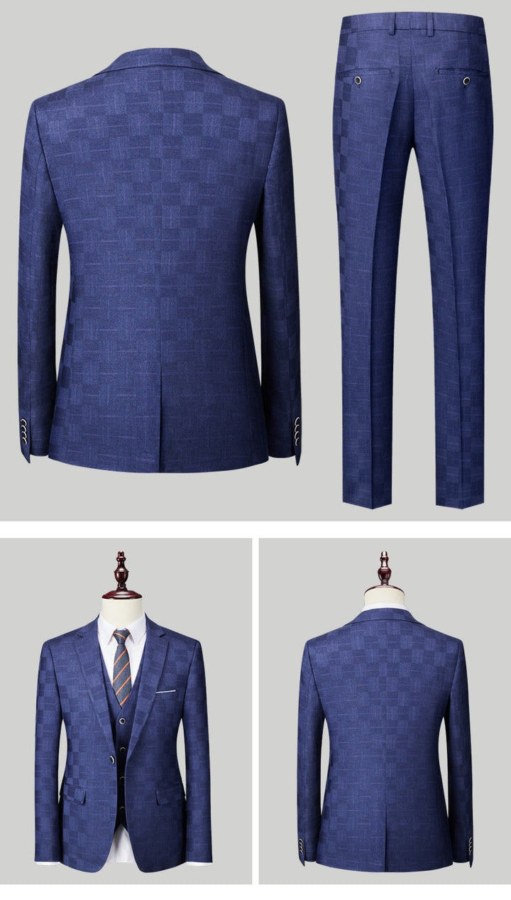 Traje elegante de cuadros negros para hombre, americana y pantalón slim fit. Moda masculina formal.