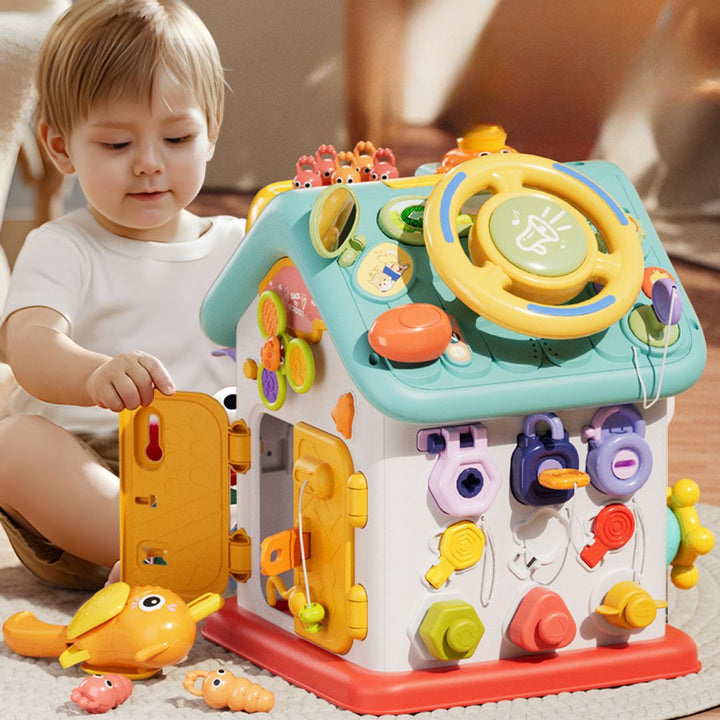 Casa de Actividades Montessori didáctica para niños y bebés. Juguete educativo para motricidad fina y desarrollo cognitivo.