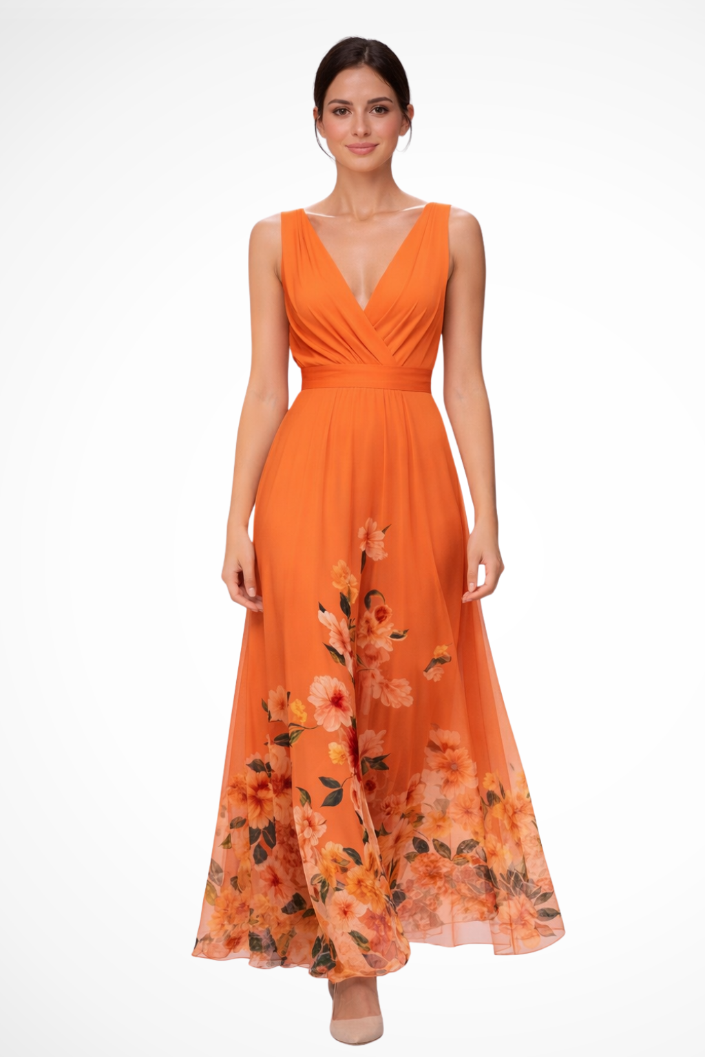 Vestido maxi floral de mujer, vista frontal. Sin mangas, caída elegante y fluida, perfecto para invitadas de primavera.