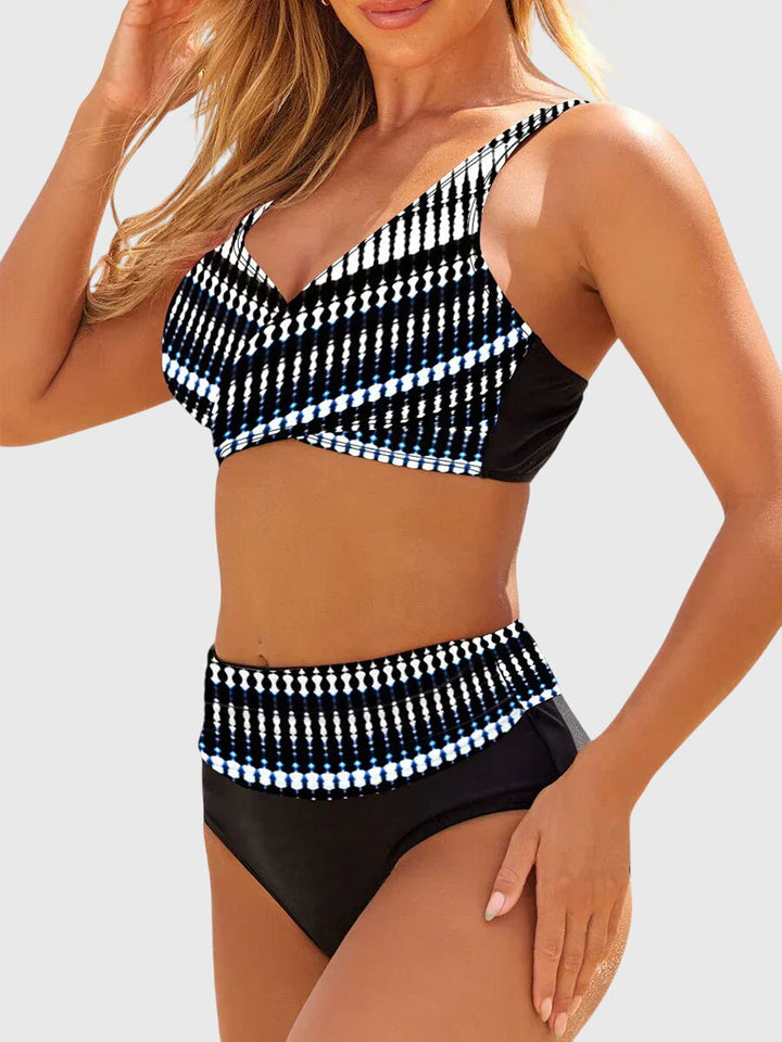 Traje de baño bikini de mujer elegante con top cruzado geométrico y braga de cintura alta moldeadora, confortable.