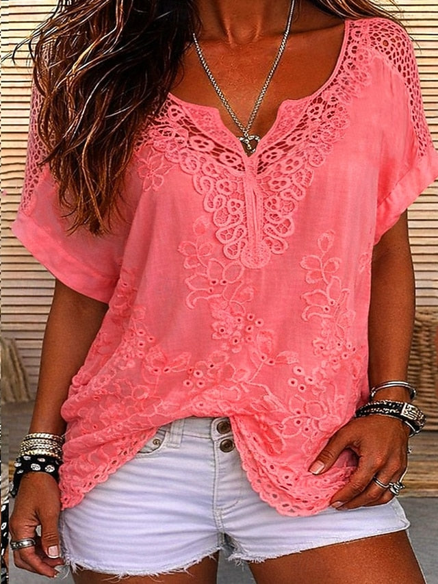 Blusa casual de mujer, con sofisticado encaje bordado en escote V. Comodidad y estilo elegante de verano.