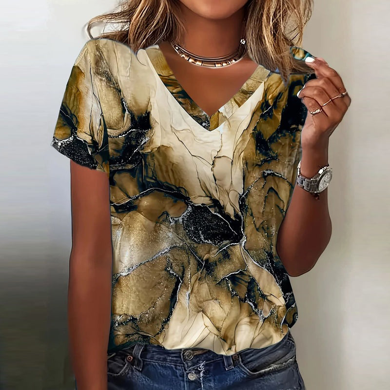 Camiseta de mujer vintage degradada marrón con cuello V y manga corta. Estilo casual y transpirable para primavera-verano.