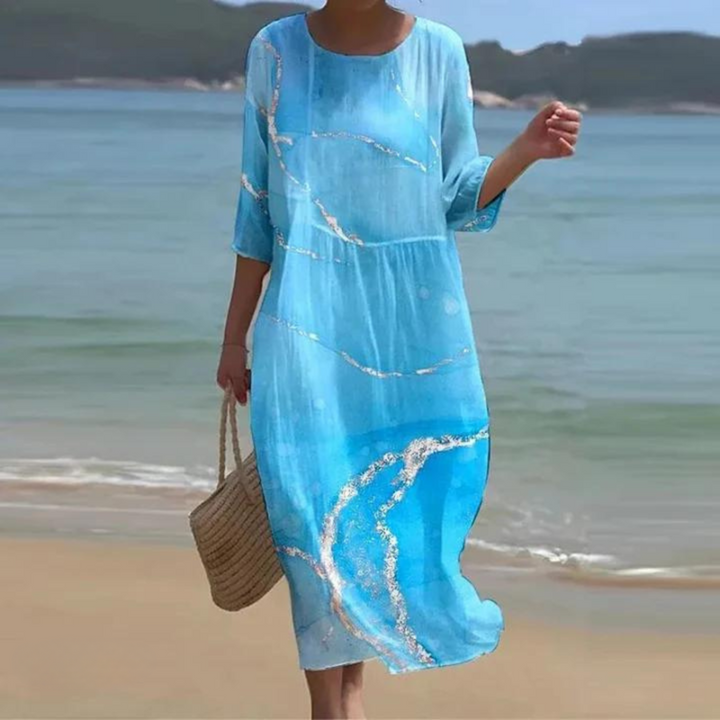 Vestido casual de verano para mujer, cuello redondo, perfecto para la playa o un look relajado.