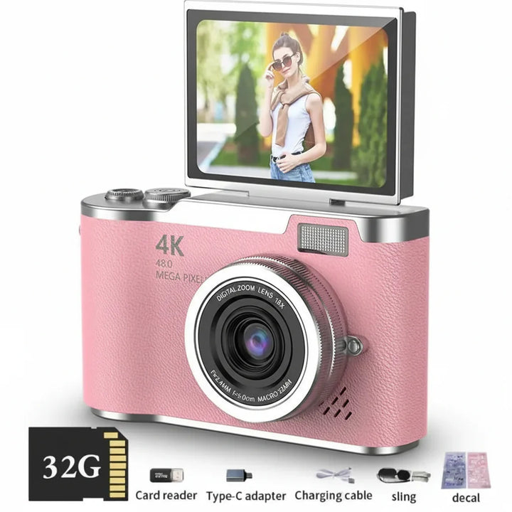 Cámara compacta 48 MP, graba videos 4K, zoom digital 8X. Perfecta para fotos y videos de viaje.
