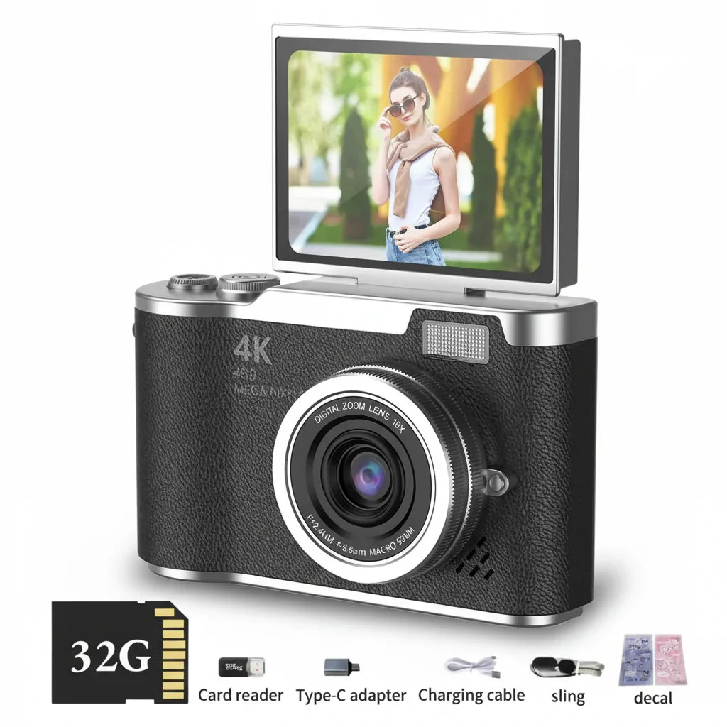 Cámara digital 4K con pantalla abatible para vlogs y selfies. Ideal para viajes y fotos 48 MP.