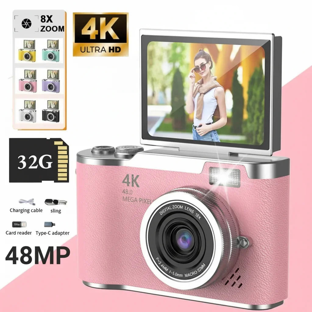 Pantalla abatible para selfies y vlogs: cámara digital 4K, 48 MP, zoom digital 8X para fotos y videos.