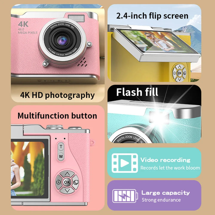 Cámara portátil 4K para grabar videos y tomar fotos de 48 MP. Zoom digital 8X para viajes y vlogs.