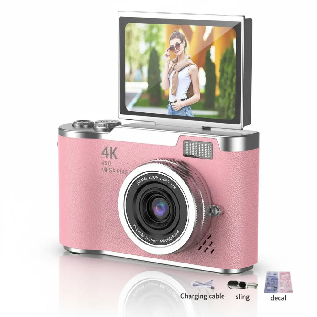 Cámara de fotos y videos 4K, 48 MP. Portátil, con pantalla abatible para cualquier ángulo o selfie.