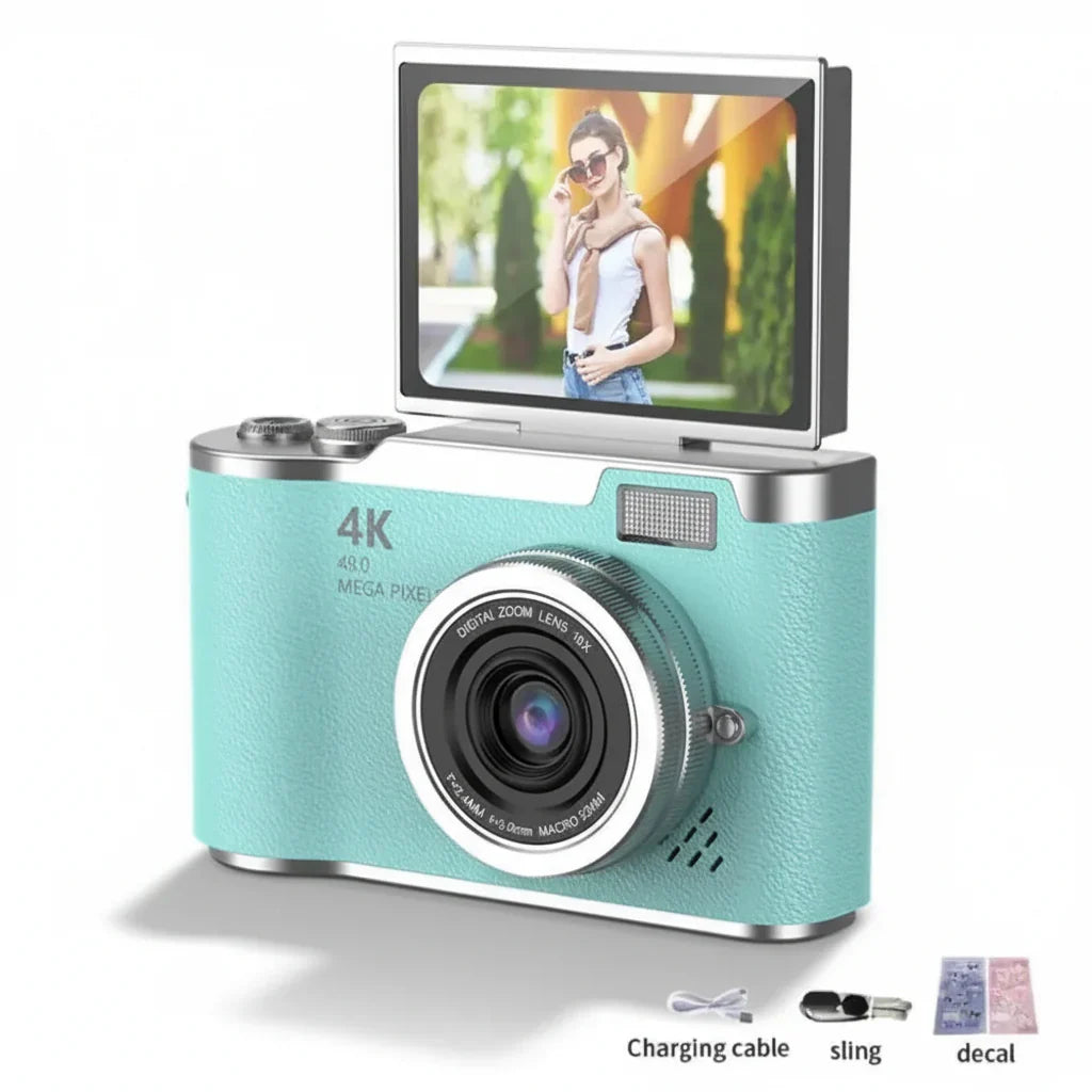 Cámara selfie 4K, 48 MP con pantalla abatible. Graba videos y fotos de alta calidad con zoom 8X.