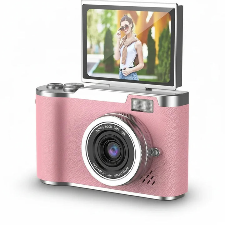 Cámara digital 48MP 4K para principiantes, rosa, con funciones sencillas y pantalla abatible.