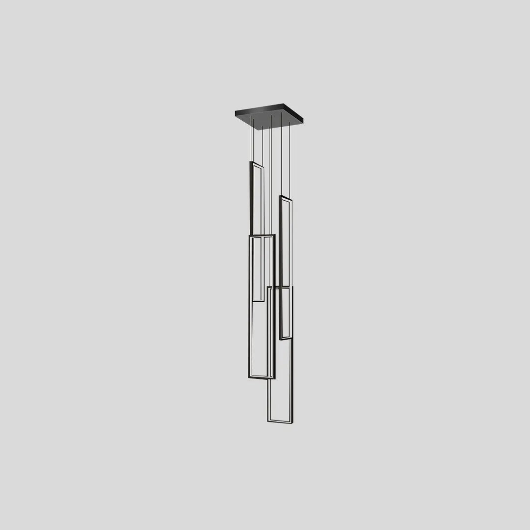 Moderna lámpara LED para vestíbulo, estilo araña rectangular, luz ambiental y cálida.