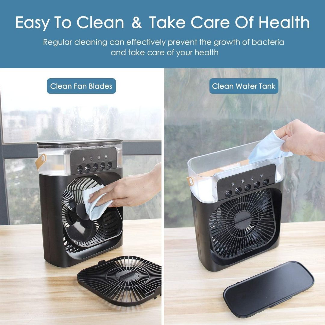 Climatizador personal 3 en 1: enfriador, humidificador y purificador de aire con LED.