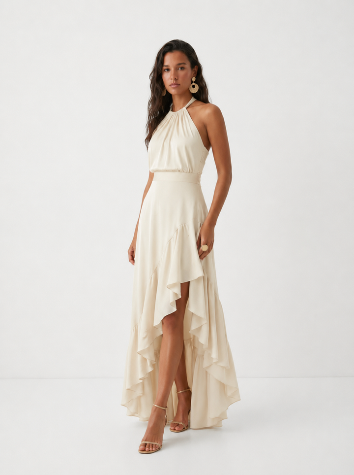 Vestido invitada boda, cuello halter, volantes asimétricos. Disponible en blanco marfil, azul y negro.