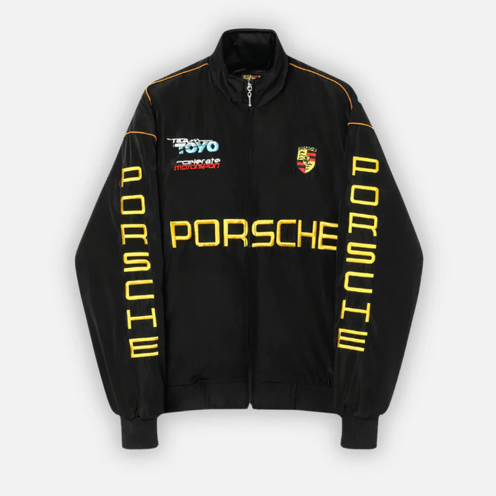 Chaqueta de carreras vintage unisex con estilo retro, ideal para amantes del motor y moda urbana.