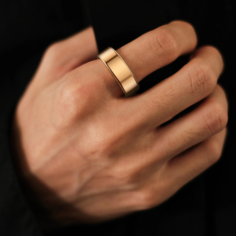 Anillo inteligente unisex impermeable, ideal para uso diario y monitoreo continuo de salud.