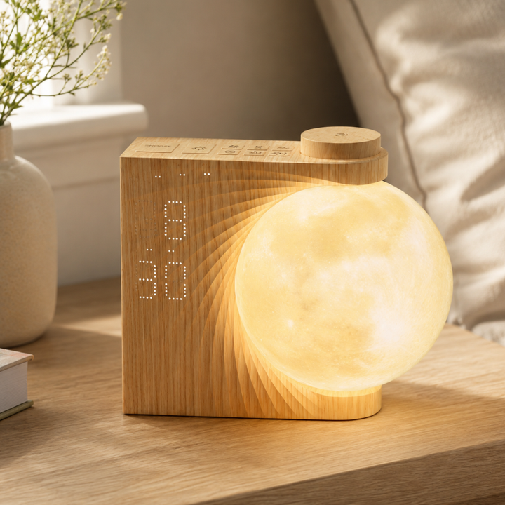 Reloj despertador con luz de amanecer gradual y lámpara de mesita LED para dormitorio. Relajación.