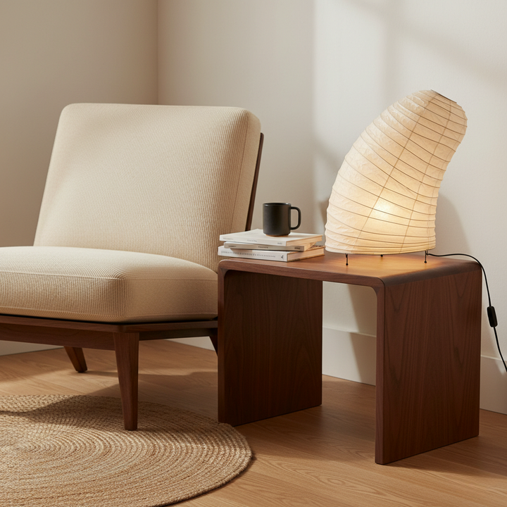 Lámpara de mesa con diseño minimalista Japandi, ideal para decoración del hogar y luz ambiental moderna.