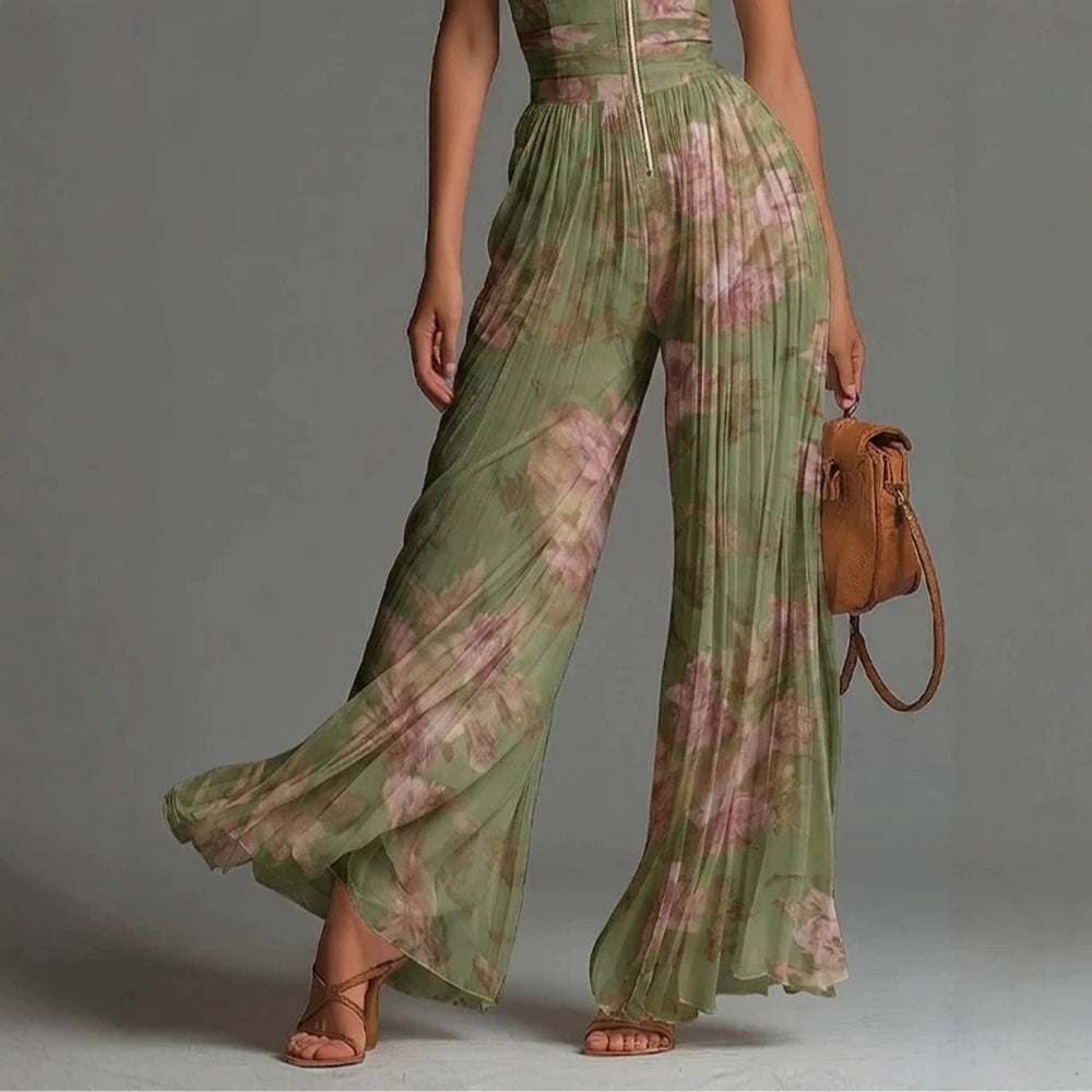 Elegante mono de fiesta plisado para mujer. Escote en V pronunciado y piernas anchas para eventos.