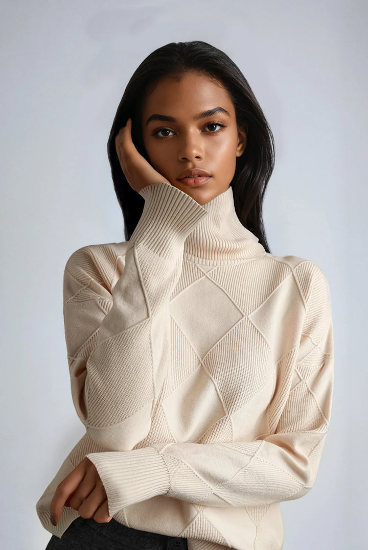 Jersey de mujer de invierno cálido con cuello alto y elegante estampado de cuadros.