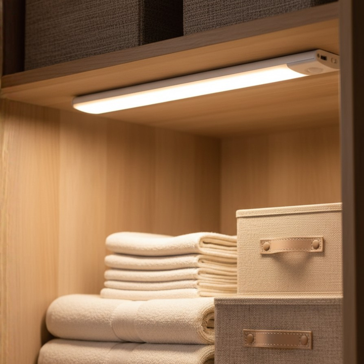 Luz LED inalámbrica para armario con sensor de movimiento, blanco brillante y fácil instalación.