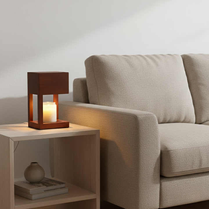 Lámpara calentadora de velas con base de madera y pantalla de metal, diseño nórdico moderno.