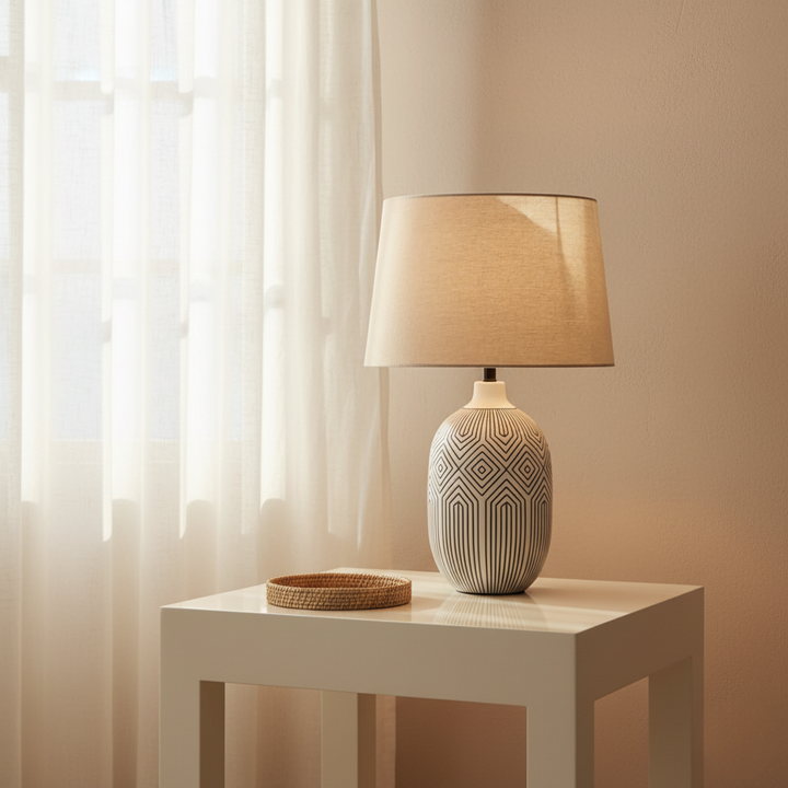 Lámpara de mesa Lumera blanca para sala de estar, con diseño escultural que realza la decoración interior del hogar.