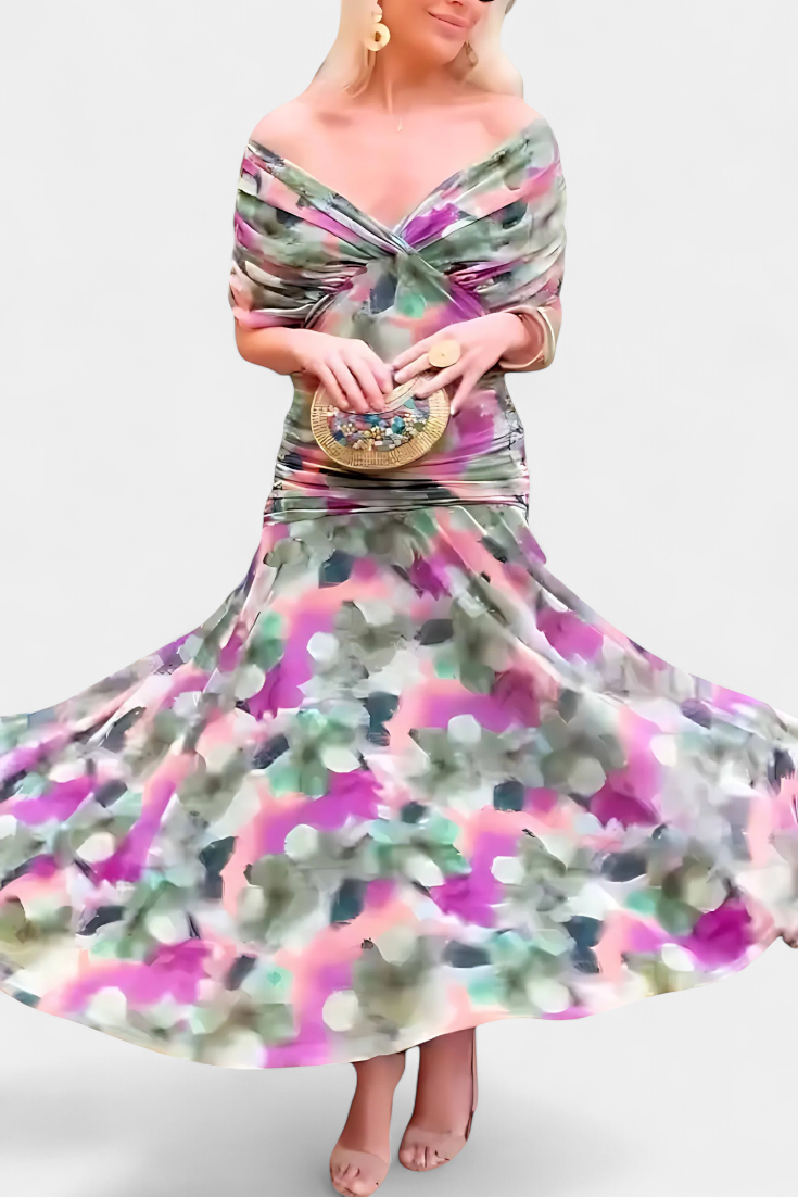 Ropa de fiesta: Vestido largo floral con estampado de fantasía, escote V y cintura plisada para mujeres.