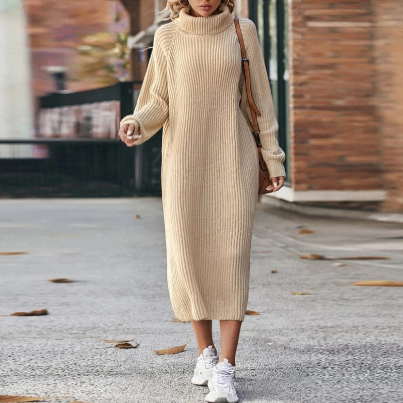 Vestido maxi sudadera de cuello alto para mujer, estilo casual elegante, perfecto para otoño-invierno.