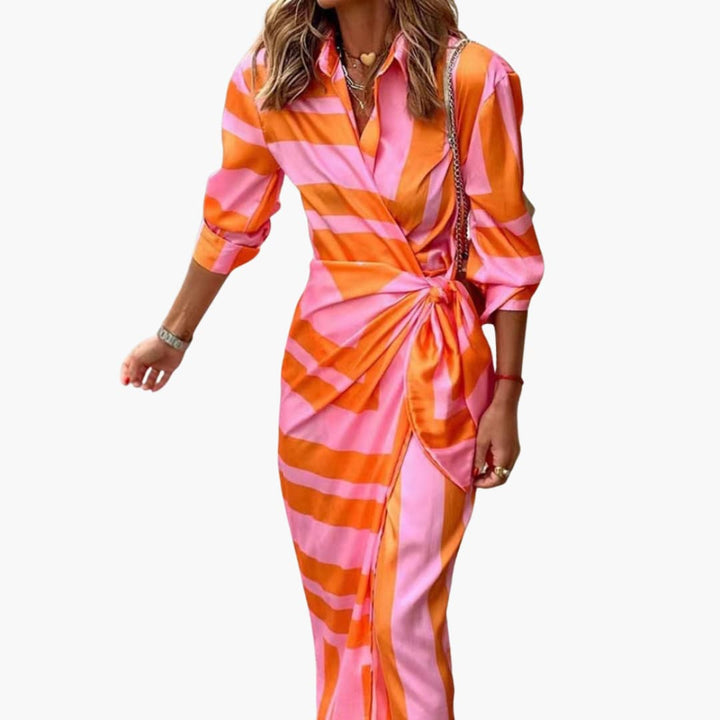 Vestido camisa midi envolvente para mujer, con cinturón y estilo elegante. Ideal para oficina o casual.