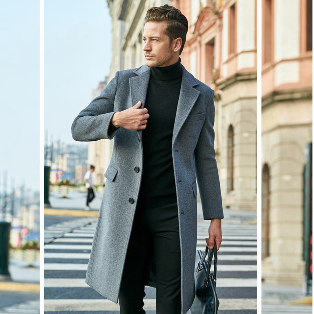 Abrigo largo clásico marrón para hombre, un toque de elegancia moderna en la moda masculina invernal.