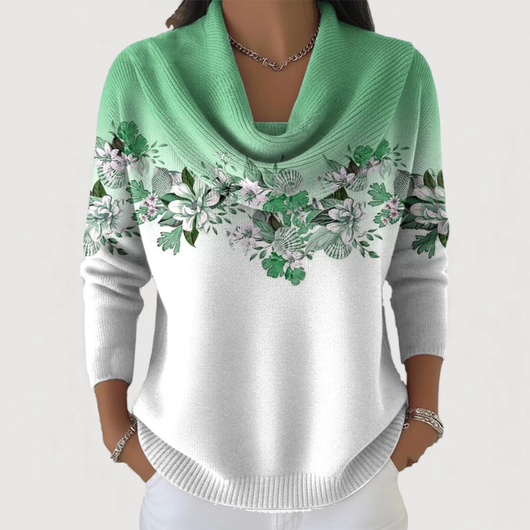 Elegante jersey de mujer con estampado floral y cuello vuelto de algodón para temporada fría.