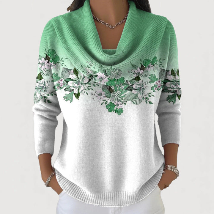 Elegante jersey de mujer con estampado floral y cuello vuelto de algodón para temporada fría.