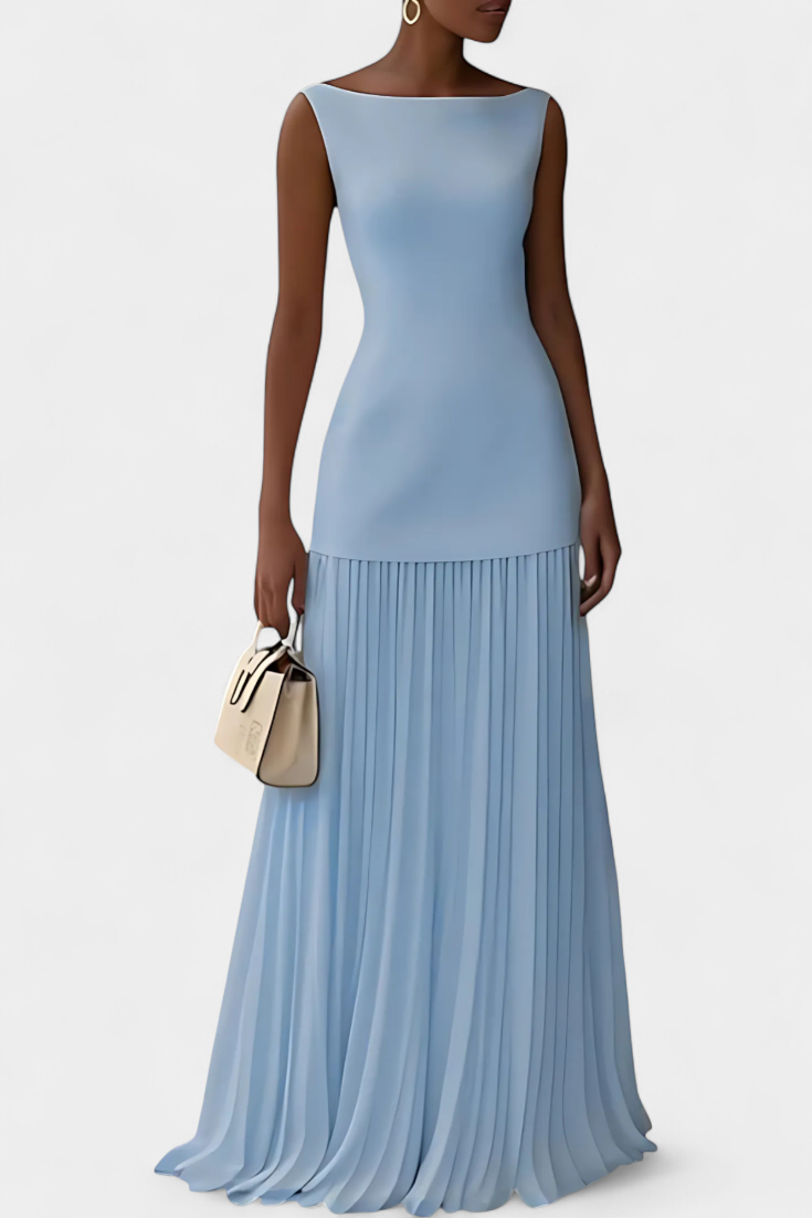 Elegante vestido maxi para fiesta de noche, plisado, escote barco. Ideal para primavera, verano y otoño.