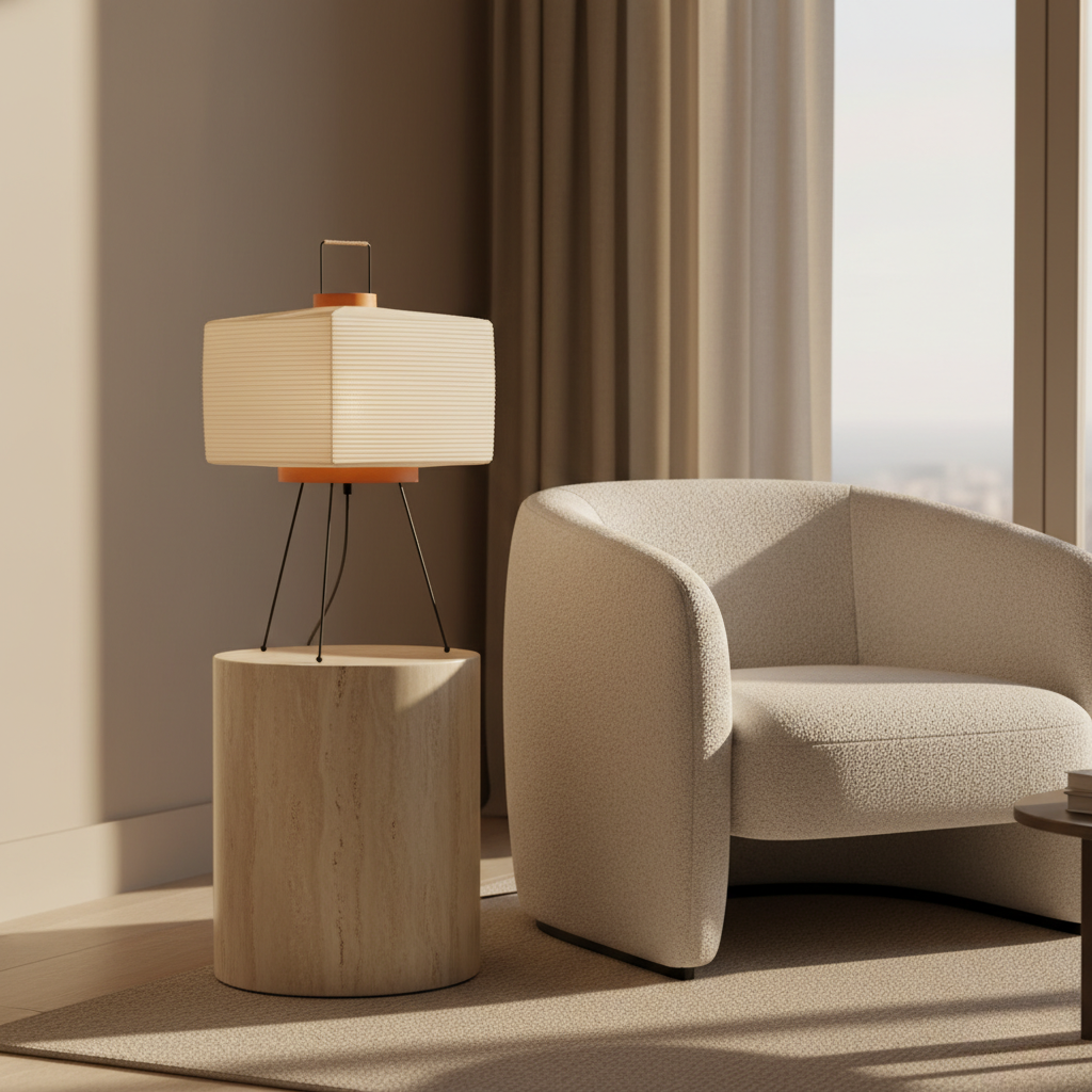 Lámpara de mesa Akari 7A, diseño minimalista con luz suave para el interior.