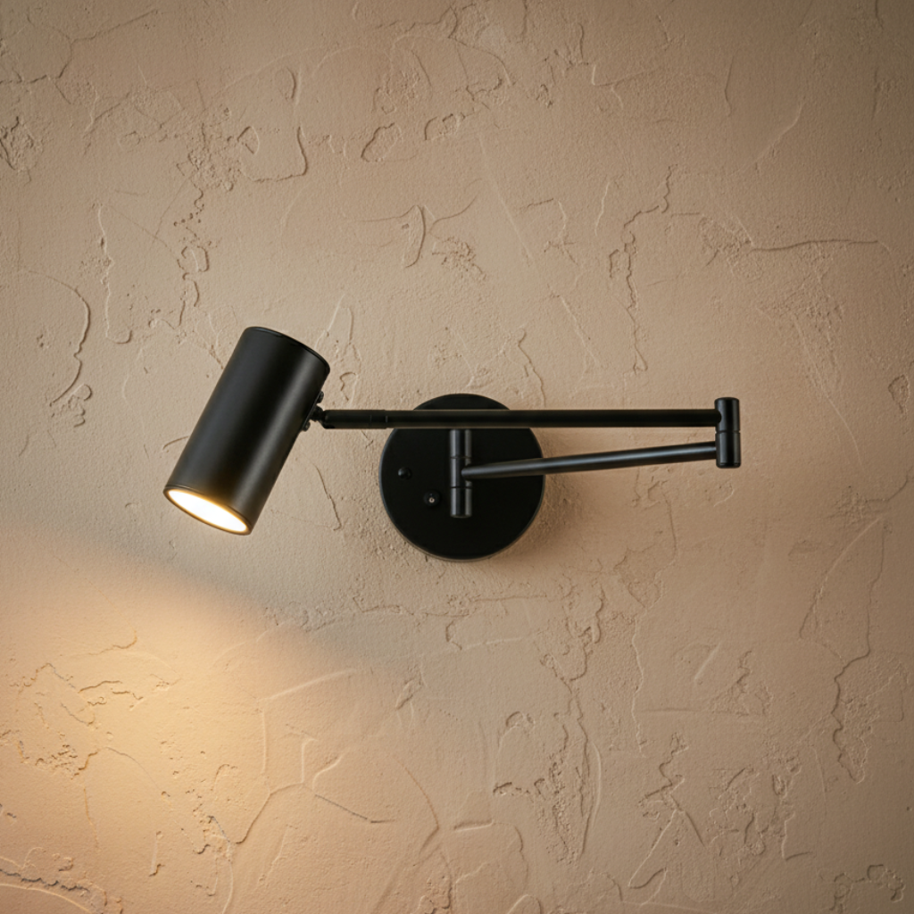 Aplique de pared LED con brazo articulado ajustable, estilo industrial moderno, luz dirigida para tareas.