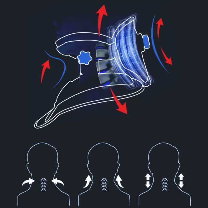 Relajación profunda del cuello con dispositivo de tracción cervical ajustable y ergonómico.