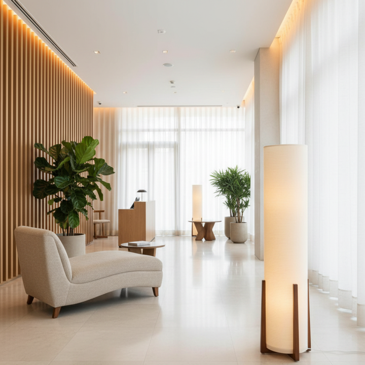Elegante lámpara de pie japonesa de tela blanca, ideal para un ambiente relajante en dormitorio.