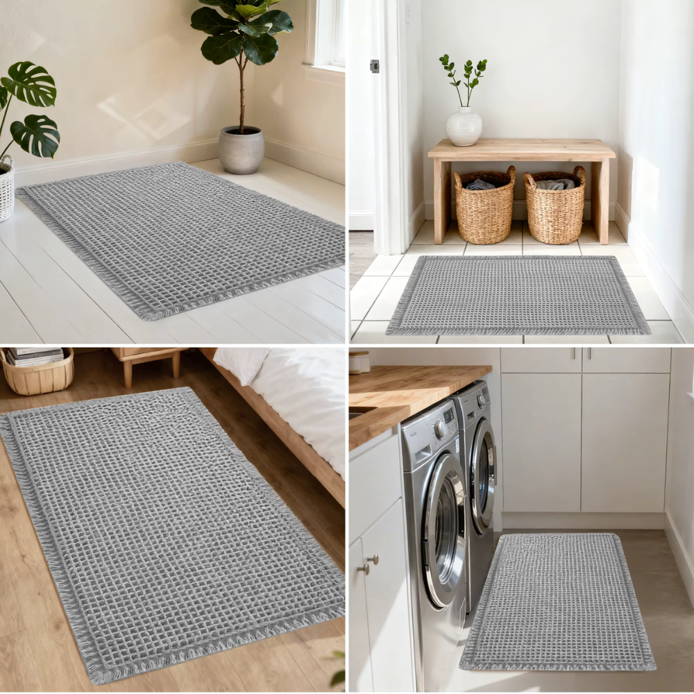 Alfombrilla de microfibra absorbente con borlas, diseño waffle. Ideal para decoración de baño.