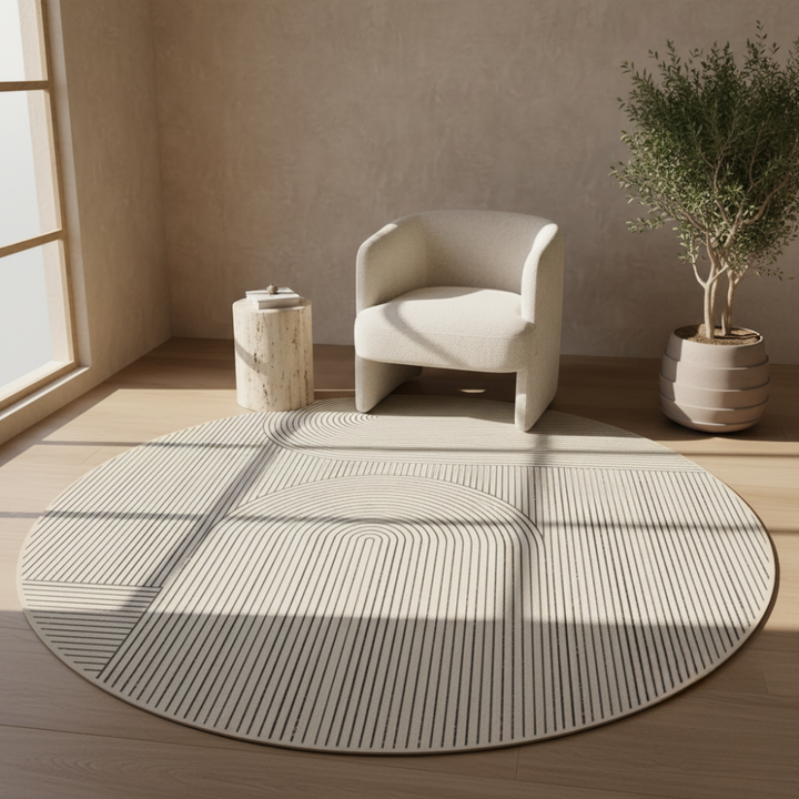 Alfombra redonda escandinava para sala o dormitorio, textura suave y base antideslizante para mayor seguridad.