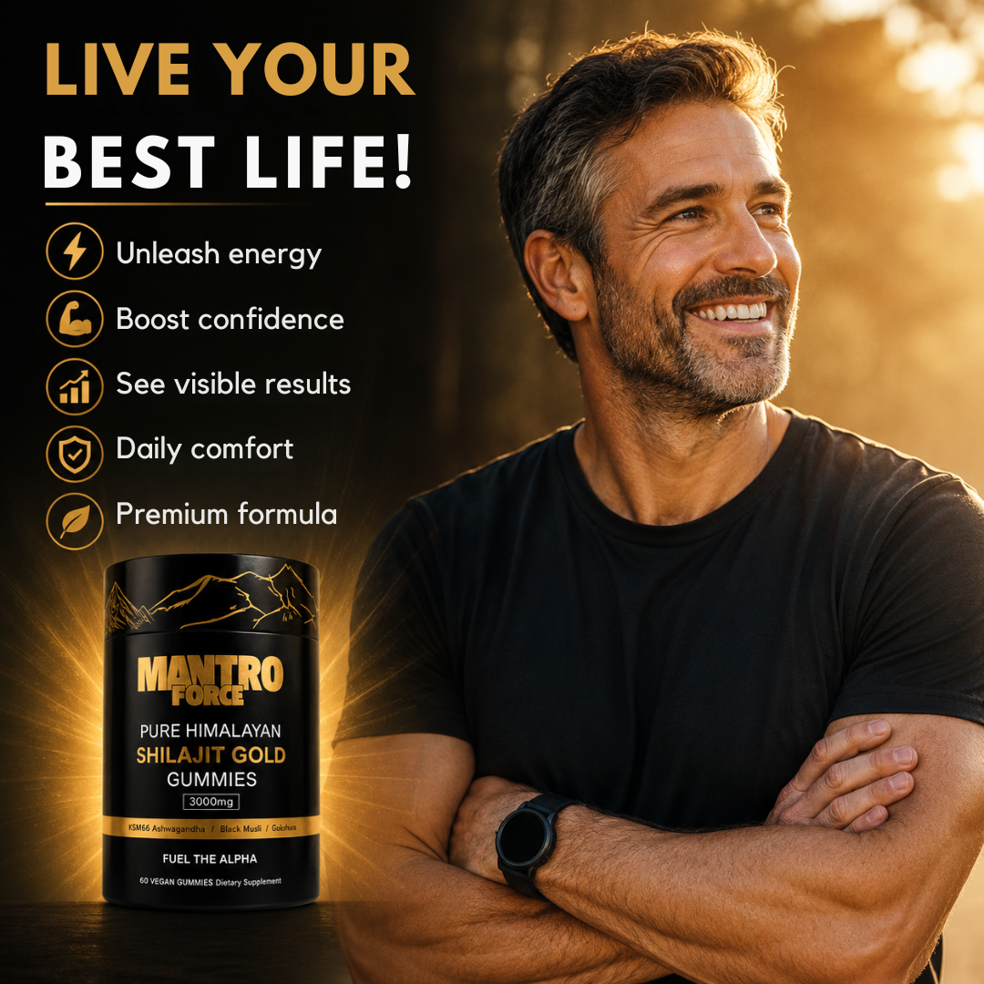 Persona activa con gomitas de Shilajit. Suplemento natural para vitalidad, energía y bienestar diario. Mejora el rendimiento.
