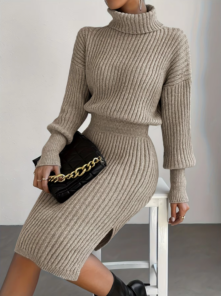Vestido de punto cálido y casual para mujer. Cuello alto y mangas largas, perfecto para otoño/invierno.