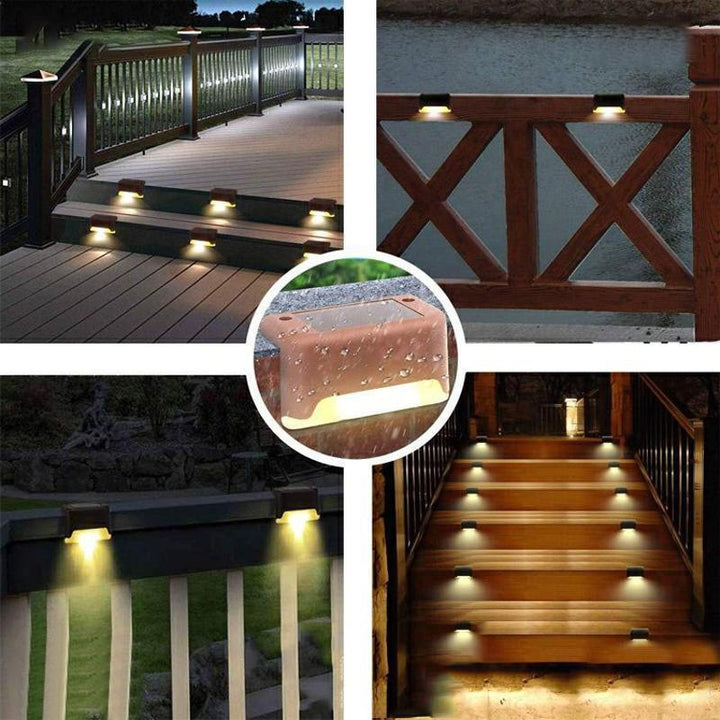 Luces solares para escaleras exteriores, pack 4. Iluminación LED para terraza, patio y caminos.
