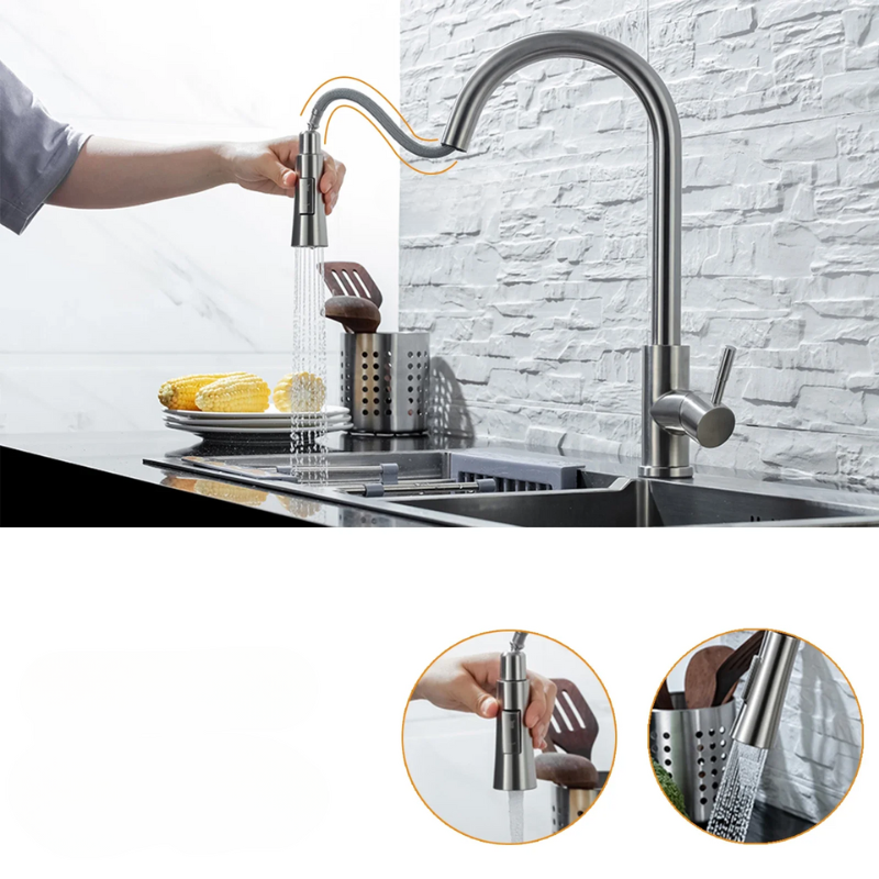 Grifo mezclador de cocina de acero inoxidable con sensor sin contacto. Moderno y funcional para tu hogar.