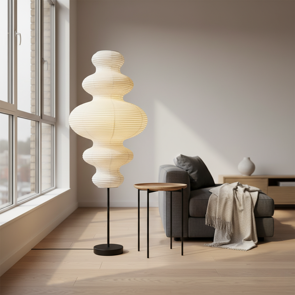 Lámpara Akari Jun hecha a mano. Estilo japandi wabi-sabi para luz suave y decoración dormitorio.