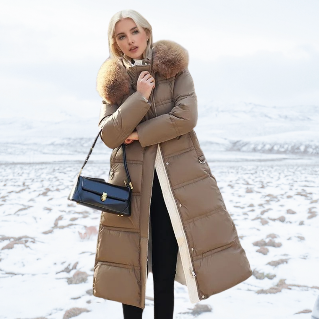 Abrigo largo de invierno para mujer, cálido y elegante con capucha, ideal para protegerse del frío.