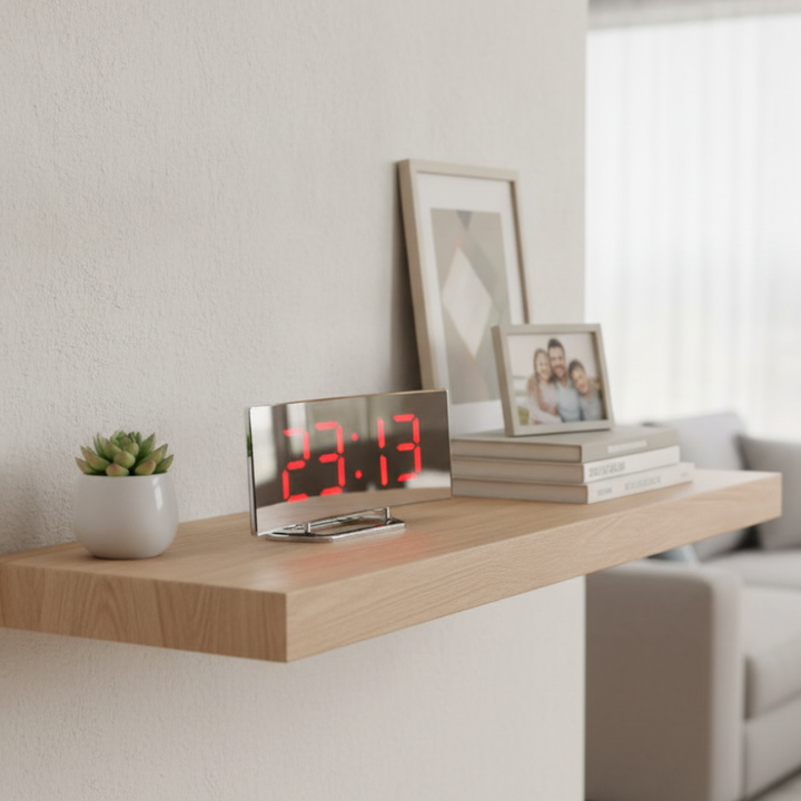 Despertador LED curvado con brillo ajustable, ideal para dormitorios y oficinas modernas.