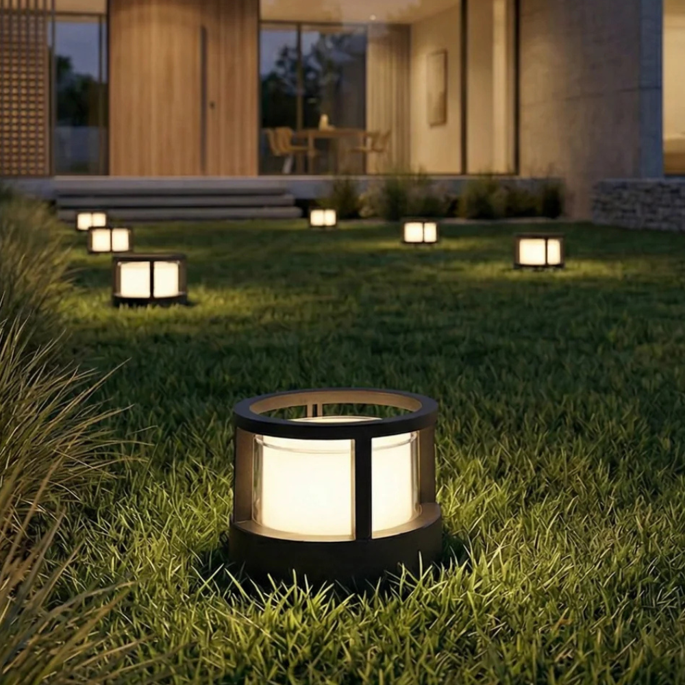 Luces LED para caminos de jardín, eficiencia energética, estilo moderno.