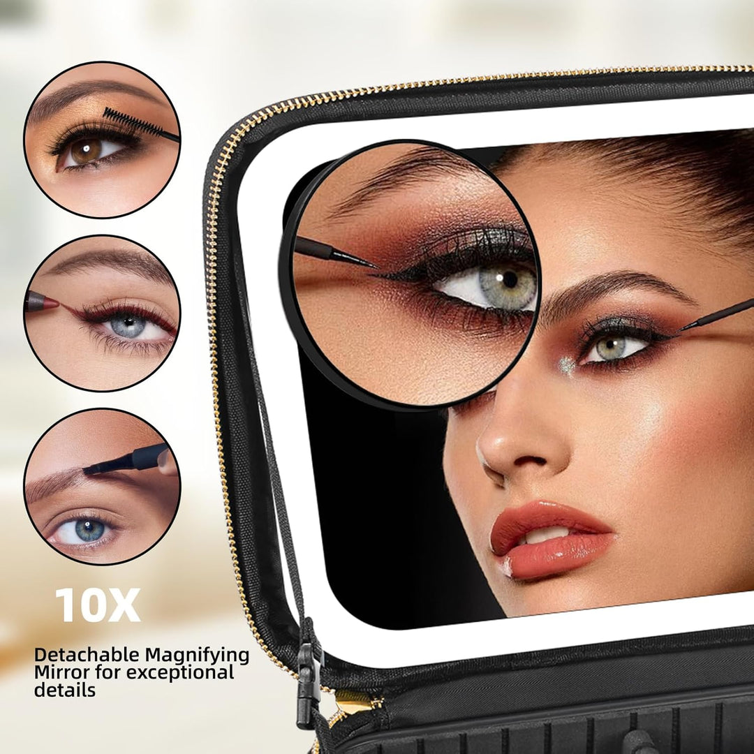 Maquillaje portátil con espejo LED de luz regulable, regalo ideal para mujeres modernas.