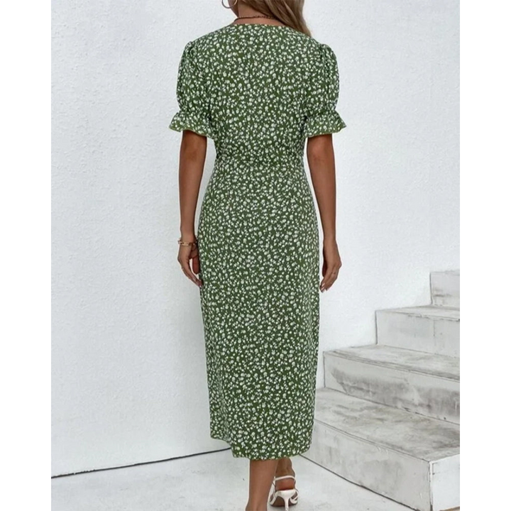 Vestido midi cruzado para mujer con escote V y lazo. Ideal para fiesta o look casual de verano.