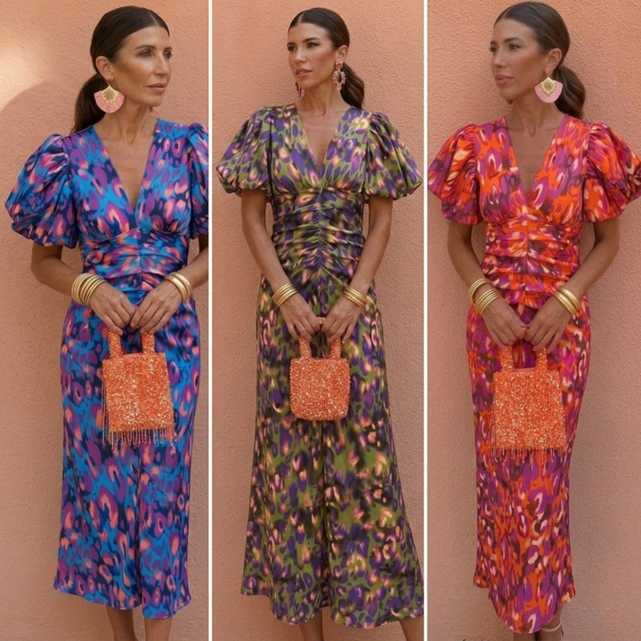 Vestido elegante para mujer, estampado floral, escote V y mangas abullonadas, moda primaveral juvenil.
